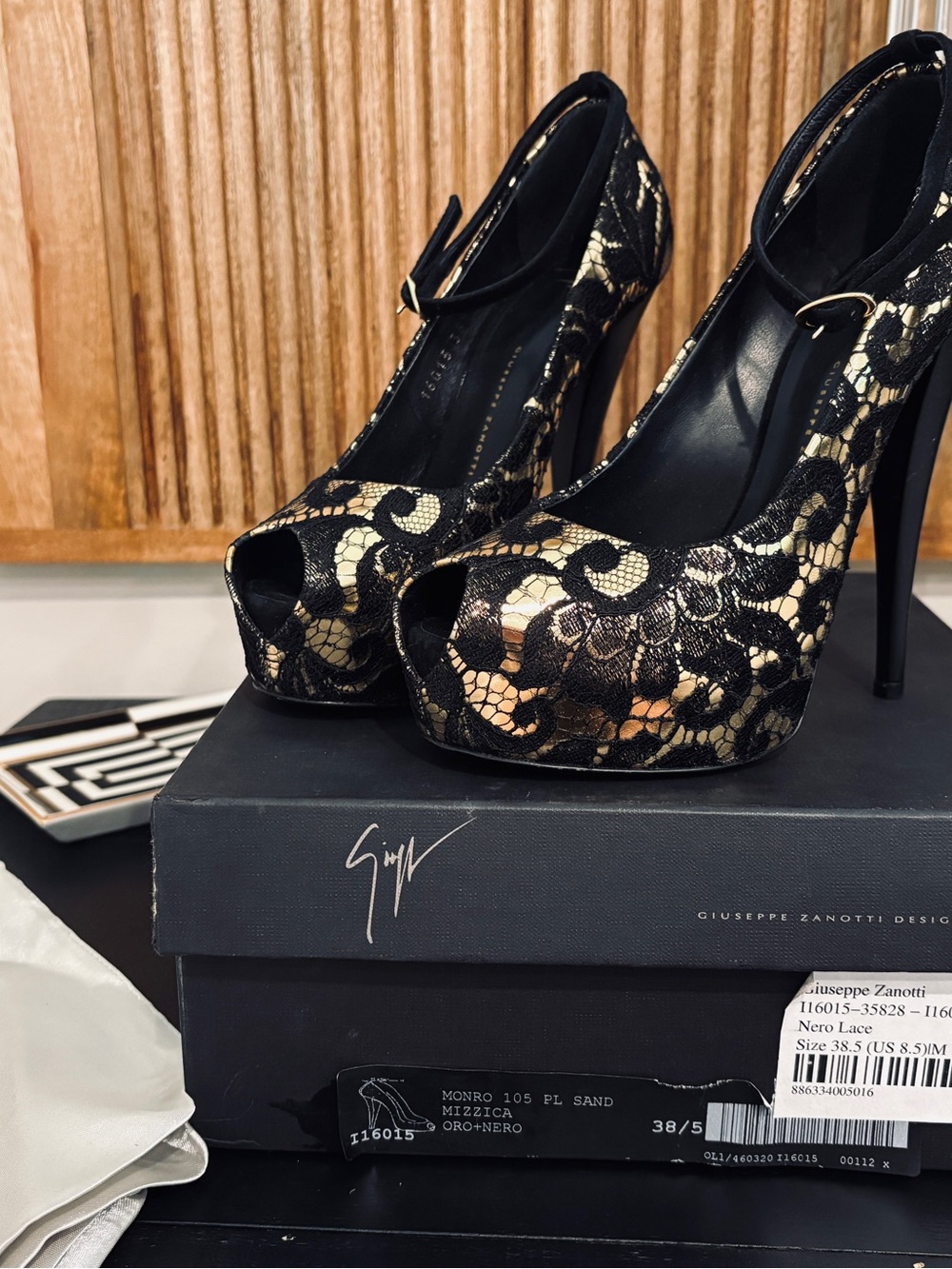 Giuseppe Zanotti Black and Gold Lace Peep-Toe Platform Pumps